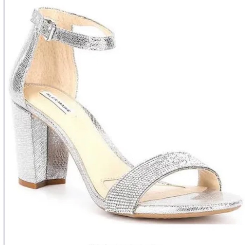 Alex Marie Metallic Silver Block Heels with Rhinestones and Ankle Strap